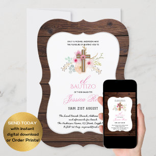 Invitación Chicas Floral BAUTIZO Bautismo Cruz Católica Rosa