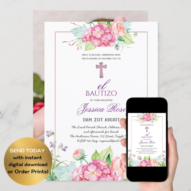 Invitación Chicas Floral BAUTIZO Bautismo Cruz Católica Rosa (Subido por el creador)