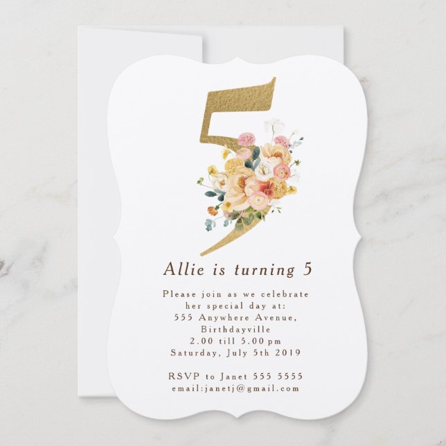 Invitación Chicas Floral de Oro 5ª Fiesta de Cumpleaños (Anverso)