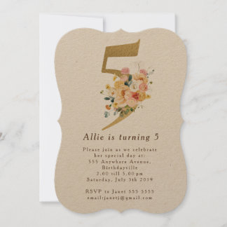 Invitación Chicas Floral de Oro 5ª Fiesta de Cumpleaños