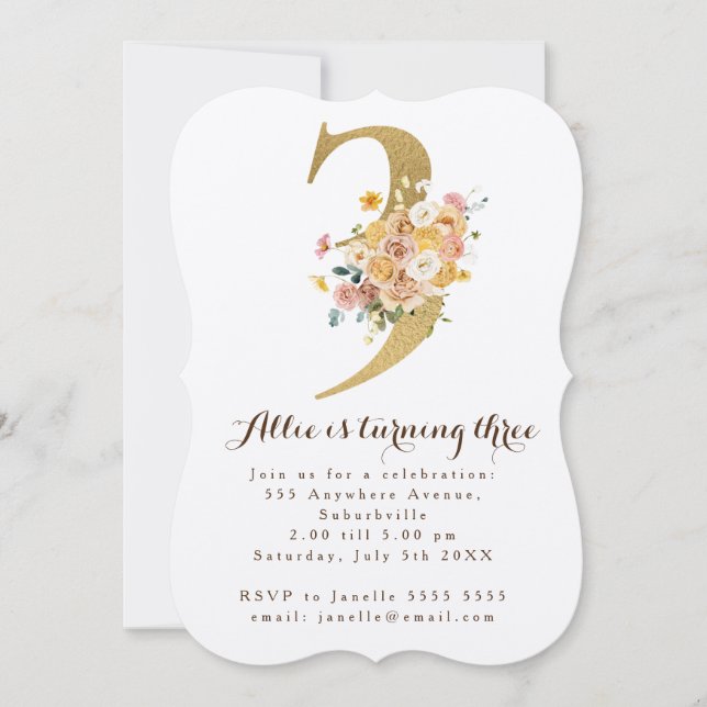 Invitación Chicas Floral de oro tercer cumpleaños número 3 Fi (Anverso)