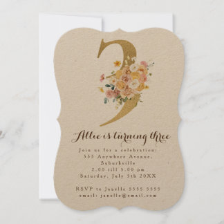 Invitación Chicas Floral de oro tercer cumpleaños número 3 Fi