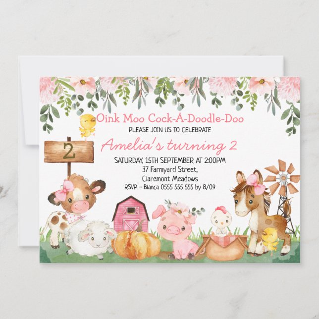 Invitación Chicas Floral Farmyard Scene Birthday (Anverso)