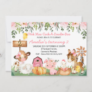 Invitación Chicas Floral Farmyard Scene Birthday
