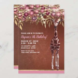 Invitación Chicas Floral Giraffe Pink & Gold Birday Party