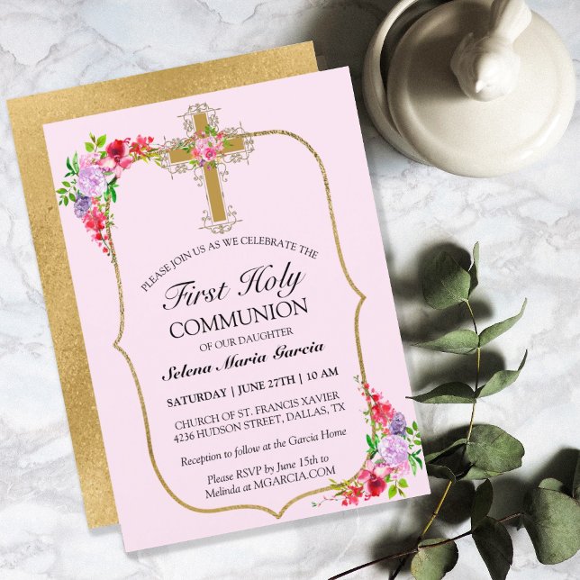 Invitación Chicas Floral rosa primera comunión sagrada (Subido por el creador)