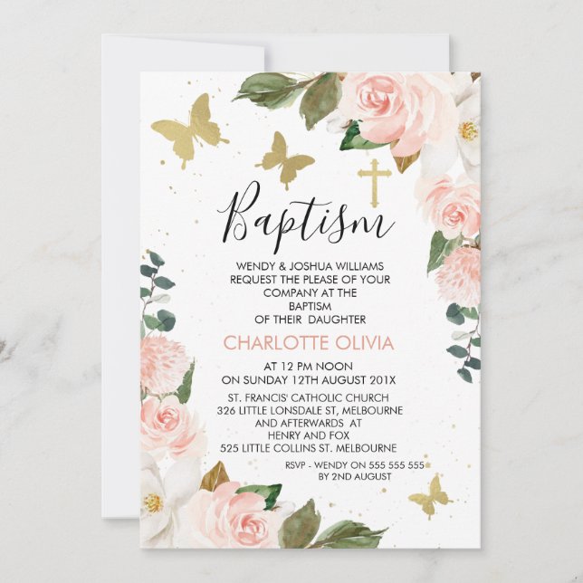 Invitación Chicas Floral Rosa Y Mariposas De Oro Bautismo (Anverso)