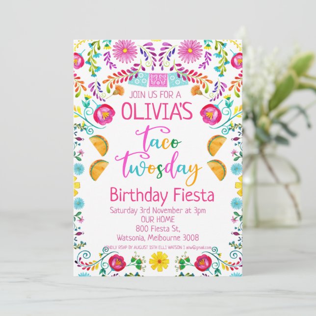 Invitación Chicas Floral Taco Twosday México 2º cumpleaños (Anverso de pie)