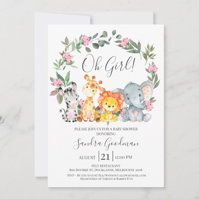 Invitación Chicas Floral Wreath Safari Animales Baby Shower (Anverso)