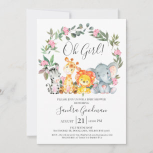 Invitación Chicas Floral Wreath Safari Animales Baby Shower