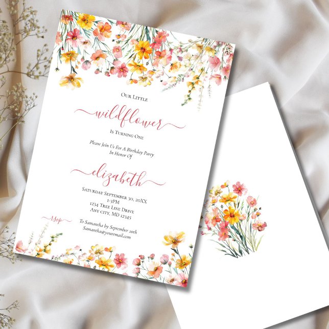 Invitación Chicas Florales Amarillas Rosadas en Flora Primer  (Pink Yellow wildflowers 1st Birthday party for baby girl invitation. Printed or Digital Download)