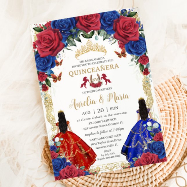 Invitación Chicas Florales Azules Rojos Gemelos Quinceañera X (Subido por el creador)