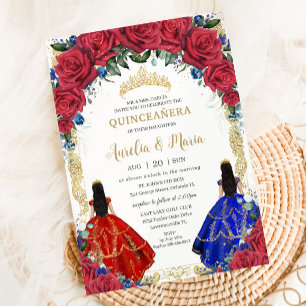 Invitación Chicas Florales Azules Rojos Gemelos Quinceañera X
