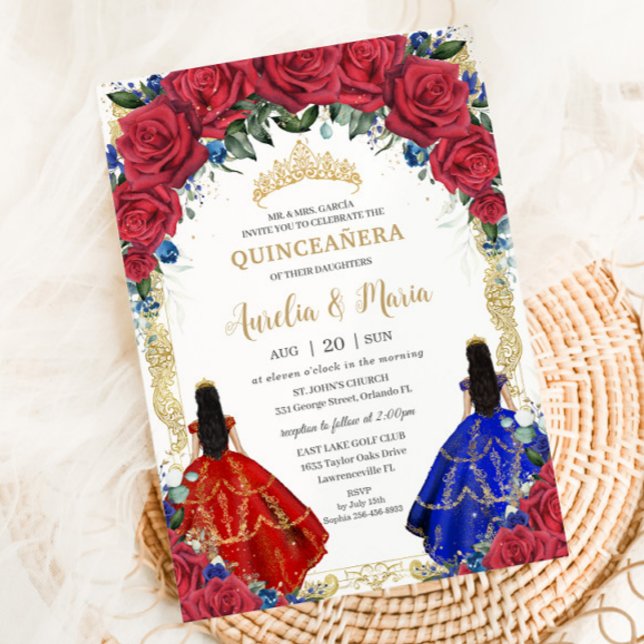 Invitación Chicas Florales Azules Rojos Gemelos Quinceañera X (Subido por el creador)