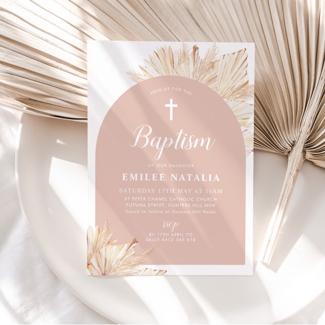 Invitación Chicas florales de arca rosada bautizan bautismo c (Pink Boho Baptism Invitation)