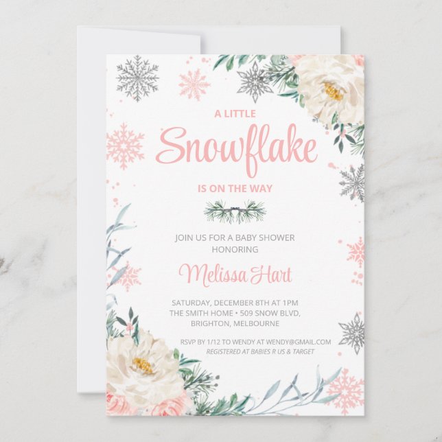 Invitación Chicas florales de invierno de Snowflake Baby Show (Anverso)