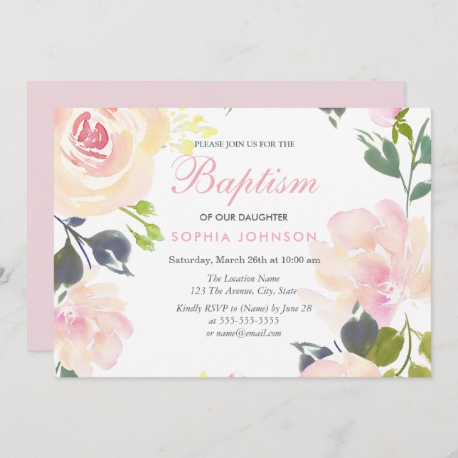 Invitación Chicas florales de jardín rosado bautismo cristian (Anverso / Reverso)