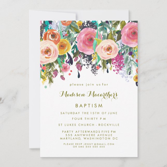 Invitación Chicas florales pintados que bautizan a bautismo i (Anverso)