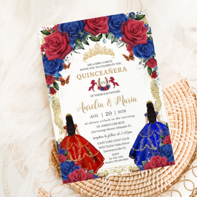 Invitación Chicas florales rojos reales gemelos Quinceañera 1 (Subido por el creador)