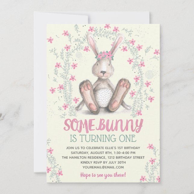 Invitación Chicas Florales Rosa Bunny Fiesta de Cumpleaños (Anverso)
