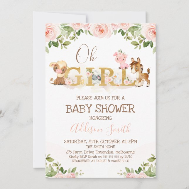 Invitación Chicas florales rosados cultivan Baby Shower temát (Anverso)