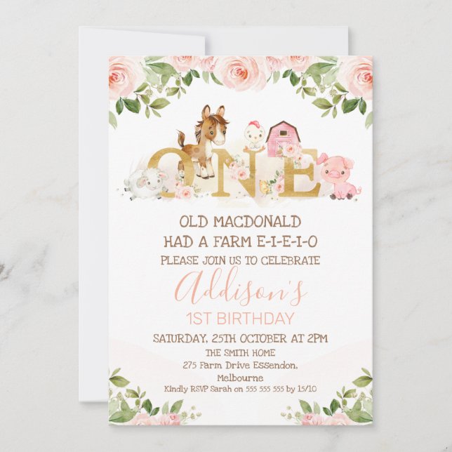 Invitación Chicas florales rosados Granja Primer cumpleaños I (Anverso)