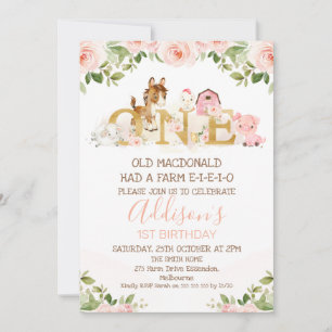 Invitación Chicas florales rosados Granja Primer cumpleaños I