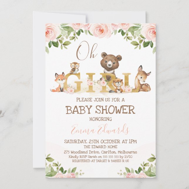 Invitación Chicas florales rosados Woodland Tema Baby Shower (Anverso)
