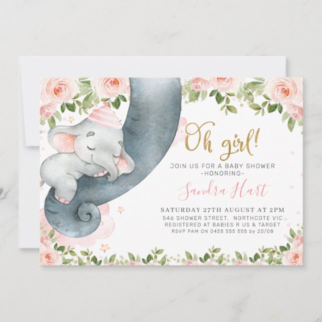 Invitación Chicas florales rosas Elephant Trunk Baby Shower (Anverso)