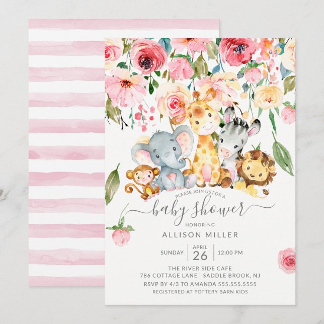Invitación Chicas florales rosas Safari Animales Baby Shower (Anverso / Reverso)