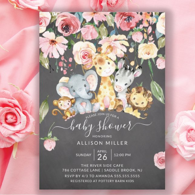 Invitación Chicas florales rosas Safari Animales Baby Shower (Subido por el creador)
