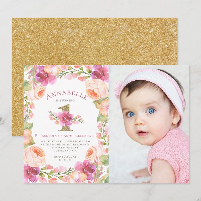 Invitación Chicas florales rosas y doradas Foto de primer cum (Anverso / Reverso)