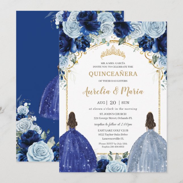Invitación Chicas florales Royal Baby Blue (Anverso / Reverso)