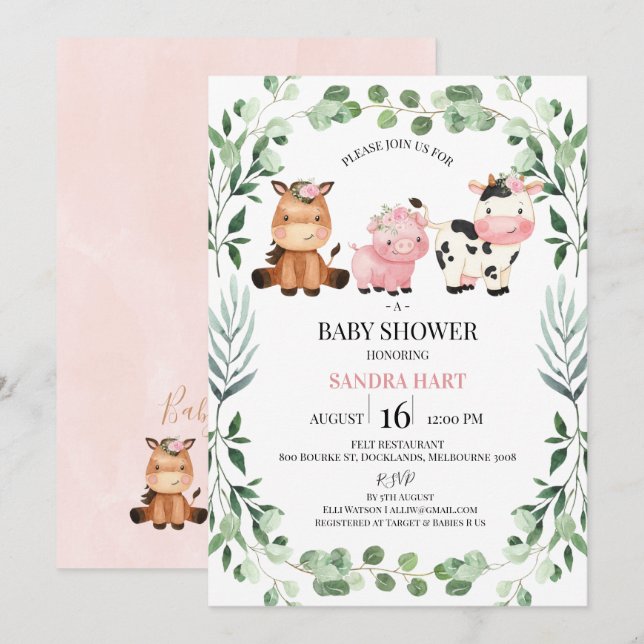 Invitación Chicas Foliage Wreath Farm Animals Baby Shower (Anverso / Reverso)