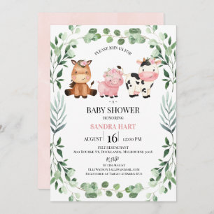 Invitación Chicas Foliage Wreath Farm Animals Baby Shower