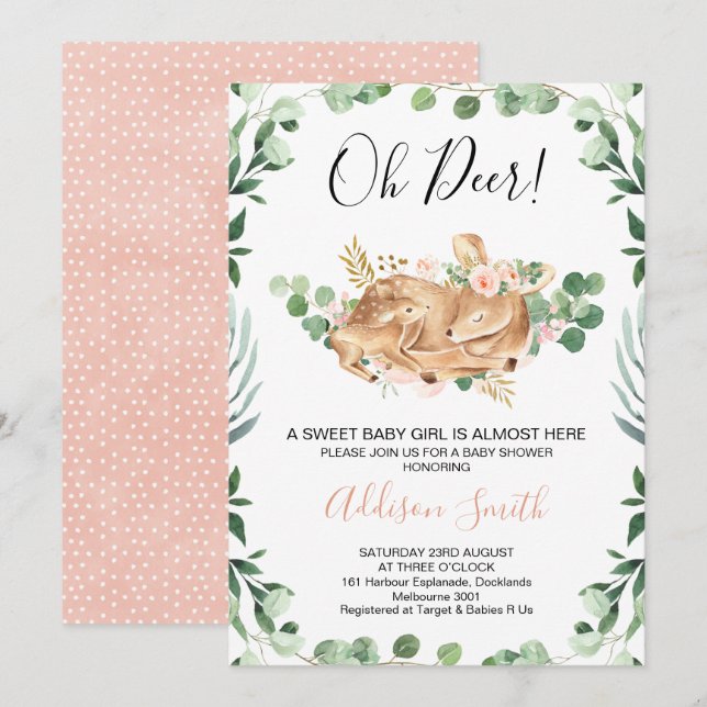 Invitación Chicas Follaje Verdor Floral Ciervo Baby Shower (Anverso / Reverso)