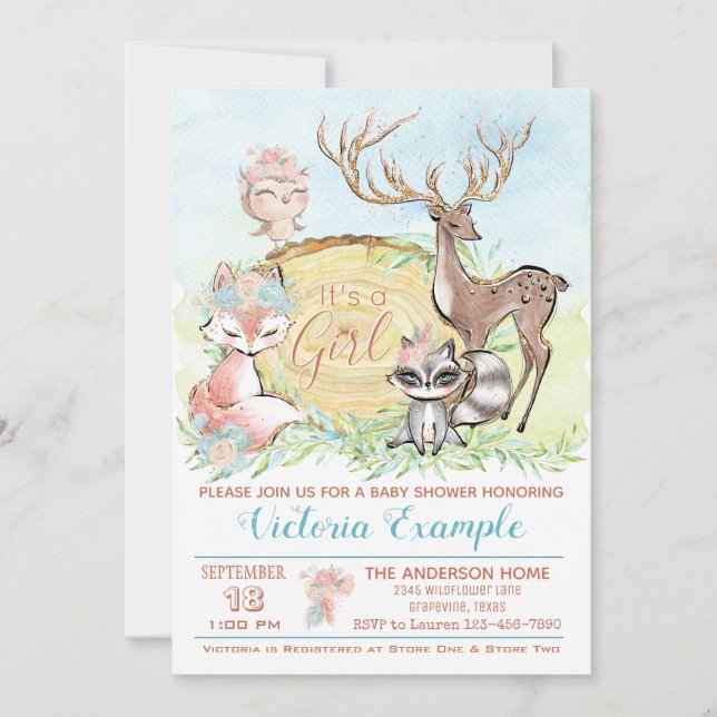 Invitación Chicas Forest Woodland Baby Shower (Anverso)