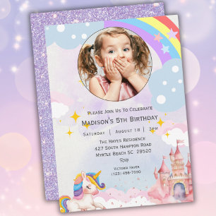 Invitación Chicas Foto Purpurina Arcoiris Fiesta de cumpleaño