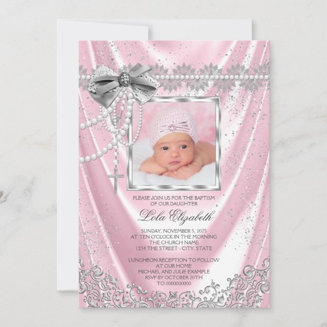 Invitación Chicas Foto Rosa Baptismo Christening Satin Purpur (Anverso)