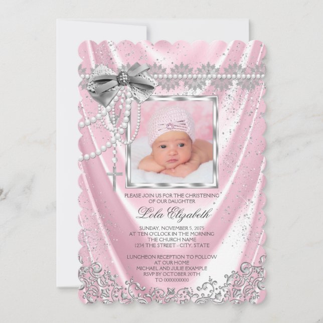 Invitación Chicas Foto satina rosada Bautismo Christening (Anverso)