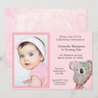 Invitación Chicas Foto Un Año Cumpleaños Oso Koala