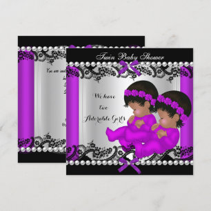 Invitación Chicas gemelas afroamericanas Baby Shower Morado