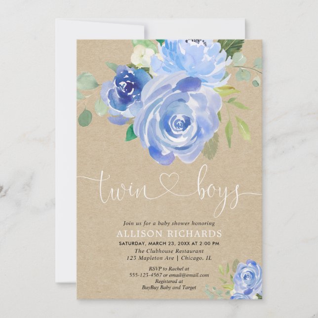 Invitación Chicas gemelas, chaqueta floral rústica azul (Anverso)