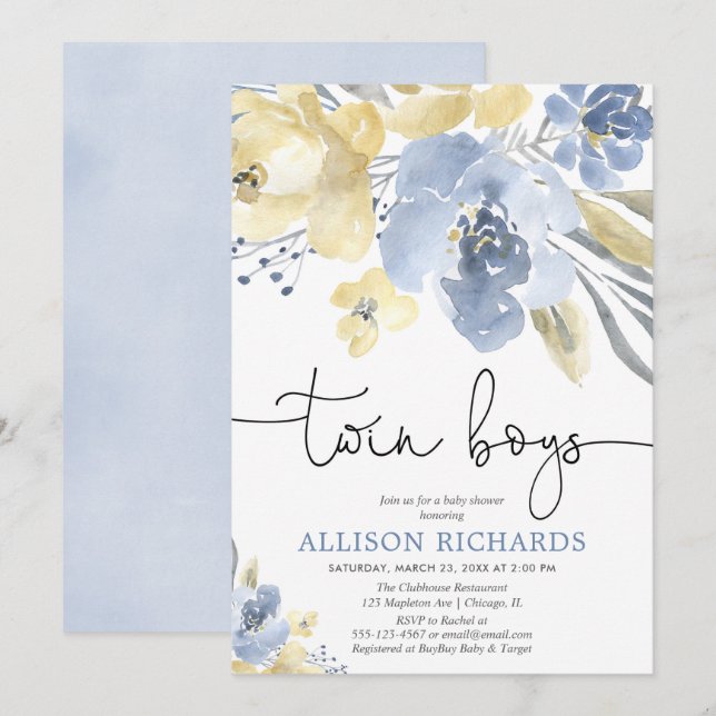 Invitación Chicas gemelas Dusty azul amarillo floral ducha be (Anverso / Reverso)