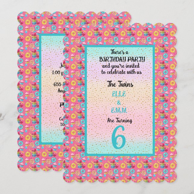 Invitación Chicas gemelos 6ª fiesta de cumpleaños (Anverso / Reverso)