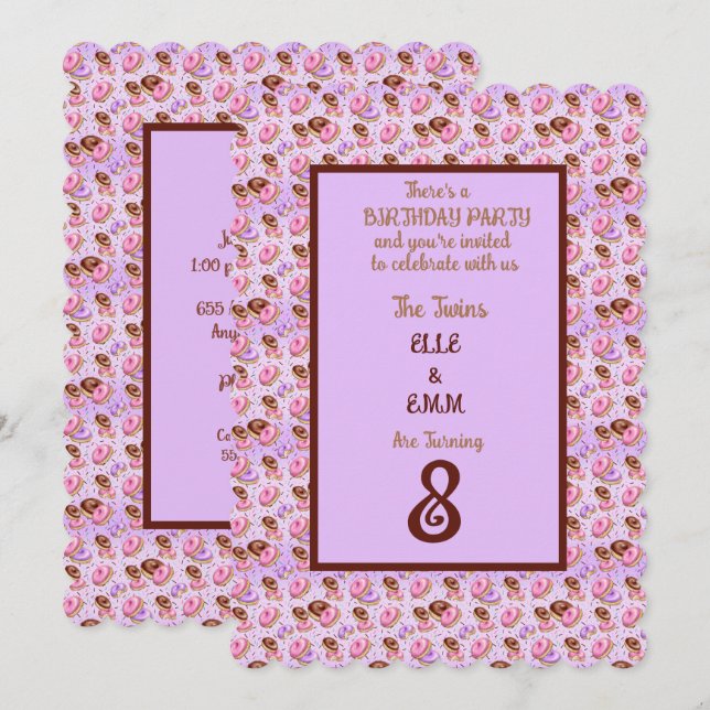 Invitación Chicas gemelos 8.ª fiesta de cumpleaños (Anverso / Reverso)