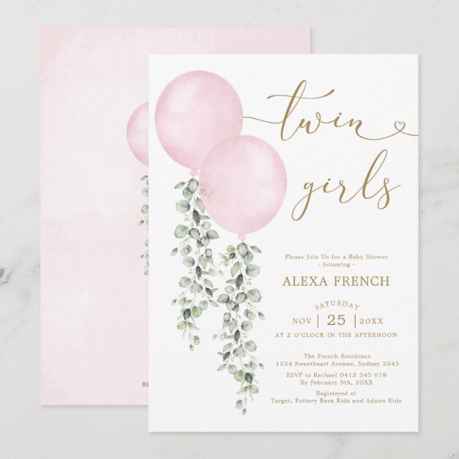Invitación Chicas gemelos acuarela Globos rosados Baby Shower (Anverso / Reverso)