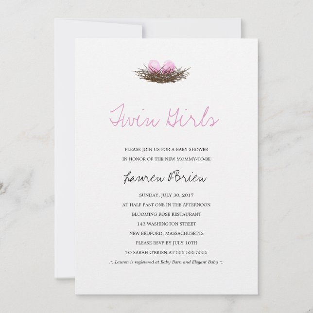Invitación Chicas gemelos acuarela Nido de Aves en Baby Showe (Anverso)