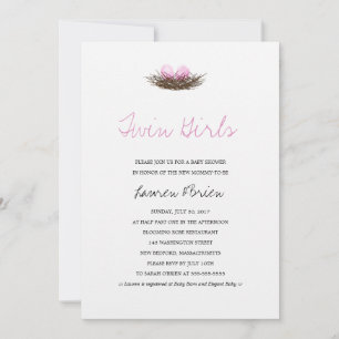 Invitación Chicas gemelos acuarela Nido de Aves en Baby Showe