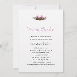Invitación Chicas gemelos acuarela Nido de Aves en Baby Showe